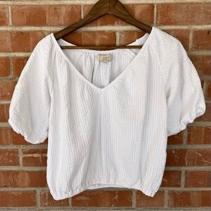 XS LOFT Bright White Textured Blouse with Puffed Sleeves